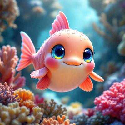 The primary subject of the image is a cute, colorful, and cartoon-like fish with a pink body and orange fins. The fish is smiling and appears to be enjoying its time in the water. The setting is an underwater environment, with a variety of coral and other aquatic elements visible in the background. The visual style of the image is a combination of photo and digital art, creating a vibrant and lively scene. The colors and mood of the image are predominantly pink and